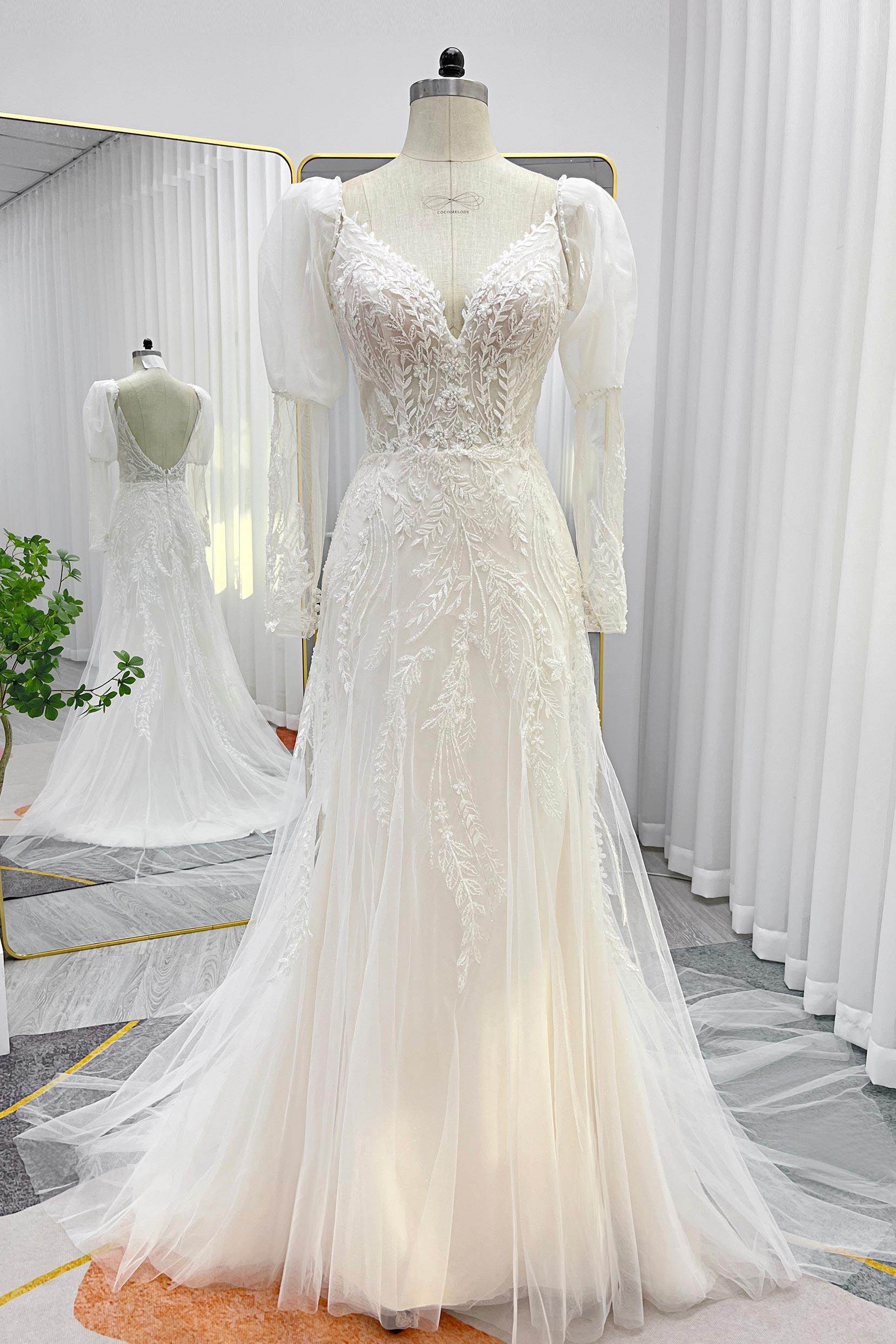 A-Line Court Train Lace Tulle Wedding Dress CW3243 - COCOMELODY